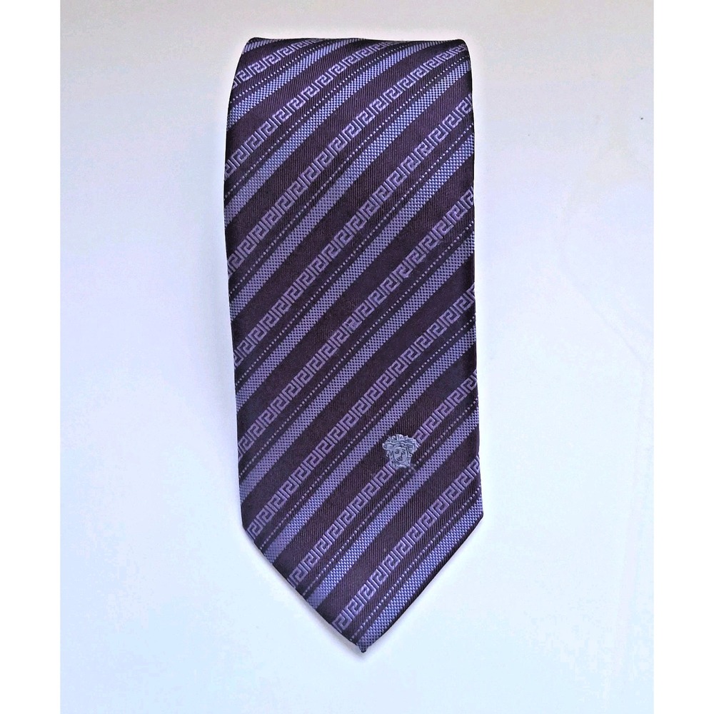 Versace Silk Necktie 3 1/2" X 58" Purple Silver Striped Medusa Head Made Italy